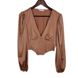 Lush Satin Corset Effect Deep V-Neck Long Sleeve Cropped Top Women's Medium